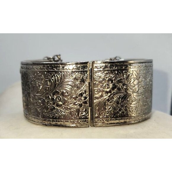 Silver Tone Cuff Bracelet With Safety Chain, Floral Etching - Picture 4 of 4